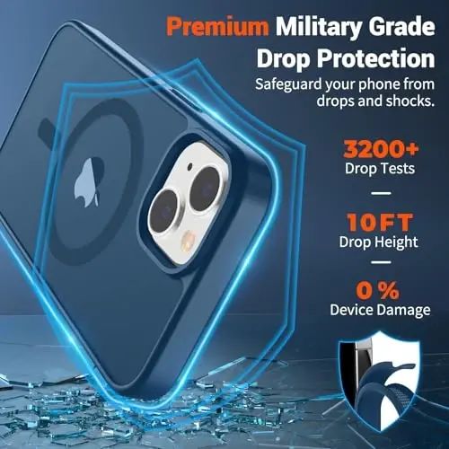 SUPFINE Magnetic for iPhone 14 Case & iPhone 13 Case (MagSafe bilan mos keladi) (Harbiy darajadagi tushishdan himoya) Yengil yarim shaffof mat zarbga chidamli telefon qopqog'i, to'q ko'k - 3