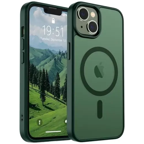 SUPFINE Magnetic for iPhone 14 Case & iPhone 13 Case (MagSafe bilan mos keladi)(Harbiy darajadagi tushishdan himoya) Yupqa yarim shaffof mato zarbga chidamli telefon qopqog'i, O'rmon yashili - SUPFINE