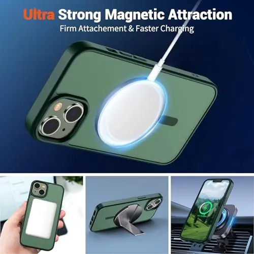 SUPFINE Magnetic for iPhone 14 Case & iPhone 13 Case (MagSafe bilan mos keladi)(Harbiy darajadagi tushishdan himoya) Yupqa yarim shaffof mato zarbga chidamli telefon qopqog'i, O'rmon yashili - 5