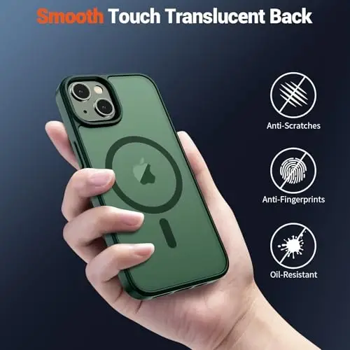 SUPFINE Magnetic for iPhone 14 Case & iPhone 13 Case (MagSafe bilan mos keladi)(Harbiy darajadagi tushishdan himoya) Yupqa yarim shaffof mato zarbga chidamli telefon qopqog'i, O'rmon yashili - 6