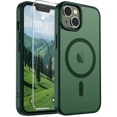 SUPFINE Magnetic for iPhone 14 Case & iPhone 13 Case (MagSafe bilan mos keladi)(Harbiy darajadagi tushishdan himoya) Yupqa yarim shaffof mato zarbga chidamli telefon qopqog'i, O'rmon yashili - 1