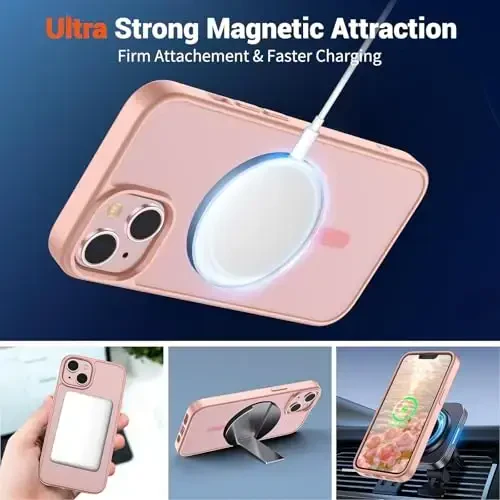 SUPFINE Magnetic for iPhone 14 Case & iPhone 13 Case (MagSafe bilan mos keladi)(Harbiy darajadagi tushishdan himoya) Yupqa yarim shaffof mato zarbga chidamli telefon qopqog'i, pushti - 5