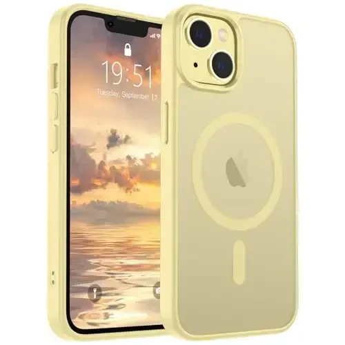 SUPFINE Magnetic for iPhone 14 Case & iPhone 13 Case (MagSafe bilan mos keladi)(Harbiy darajadagi tushishdan himoya) Yupqa yarim shaffof mato zarbga chidamli telefon qopqog'i, Sariyog' kremi sariq 