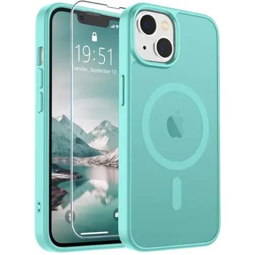 SUPFINE Magnetic for iPhone 14 Case & iPhone 13 Case (MagSafe bilan mos)(Harbiy darajadagi tushishdan himoya) Yupqa shaffof mat zarbga chidamli telefon qopqog'i, Moviy Yashil 