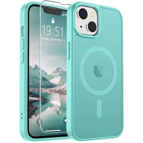 SUPFINE Magnetic for iPhone 14 Case & iPhone 13 Case (MagSafe bilan mos)(Harbiy darajadagi tushishdan himoya) Yupqa shaffof mat zarbga chidamli telefon qopqog'i, Moviy Yashil - 1