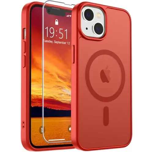 SUPFINE Magnetic for iPhone 14 Case & iPhone 13 Case (MagSafe bilan mos)(Harbiy darajadagi tushishdan himoya) Yupqa yarim shaffof mato zarbga chidamli telefon qopqog'i, Qizil 