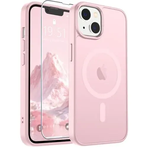 SUPFINE Magnetic for iPhone 14 Case & iPhone 13 Case with Screen Protector (Compatible with MagSafe)(Military Grade Drop Protection) Translucent Matte Shockproof Phone Cover,Light Pink 