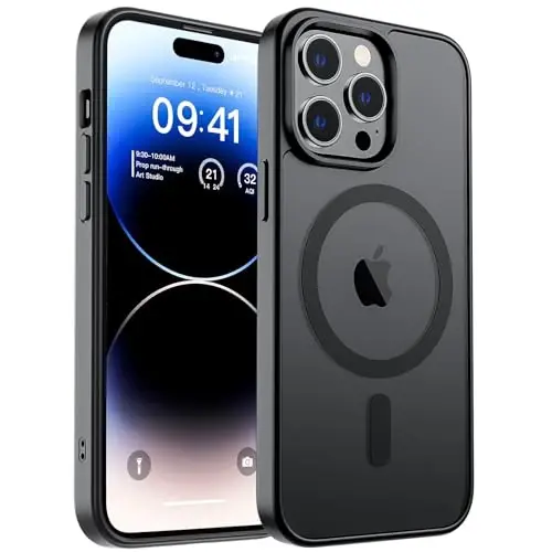 SUPFINE Magnetic for iPhone 14 Pro Case (MagSafe bilan mos) (Harbiy darajadagi tushishdan himoya) Yupqa yarim shaffof mato zarbga chidamli barmoq izlariga qarshi telefon qutisi, qora - 4