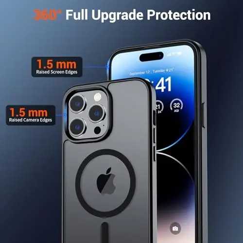SUPFINE Magnetic for iPhone 14 Pro Case (MagSafe bilan mos) (Harbiy darajadagi tushishdan himoya) Yupqa yarim shaffof mato zarbga chidamli barmoq izlariga qarshi telefon qutisi, qora - 5