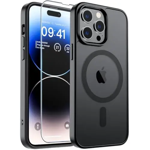 SUPFINE Magnetic for iPhone 14 Pro Case (MagSafe bilan mos) (Harbiy darajadagi tushishdan himoya) Yupqa yarim shaffof mato zarbga chidamli barmoq izlariga qarshi telefon qutisi, qora - 1