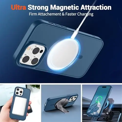 SUPFINE Magnetic for iPhone 14 Pro Case (MagSafe bilan mos) (Harbiy darajadagi tushishdan himoya) Yupqa yarim shaffof mato zarbga chidamli barmoq izlariga qarshi telefon qutisi, to'q ko'k - 4