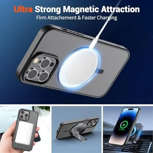SUPFINE Magnetic for iPhone 14 Pro Max Case (MagSafe bilan mos) (Harbiy darajadagi tushishdan himoya) Yarim shaffof matli zarbga chidamli telefon qopqog'i, qora - 6
