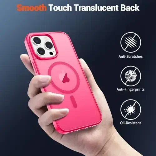 SUPFINE Magnetic for iPhone 14 Pro Max Case (MagSafe bilan mos) (Harbiy darajadagi tushishdan himoya) Yupqa shaffof mato zarbga chidamli barmoq izlariga qarshi telefon qutisi, Hot Pink - 3