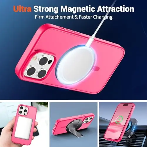 SUPFINE Magnetic for iPhone 14 Pro Max Case (MagSafe bilan mos) (Harbiy darajadagi tushishdan himoya) Yupqa shaffof mato zarbga chidamli barmoq izlariga qarshi telefon qutisi, Hot Pink - 6