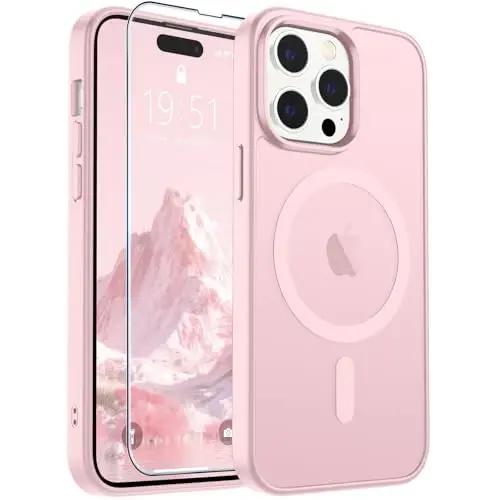 SUPFINE Magnetic for iPhone 14 Pro Max Case with Screen Protector (Compatible with MagSafe) (Military Grade Drop Protection) Translucent Matte Shockproof Phone Cover,Light Pink - 1