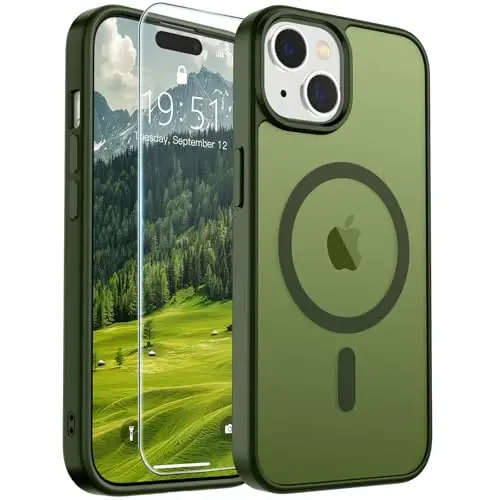 SUPFINE Magnetic for iPhone 15 Case (Compatible with MagSafe) (Military Grade Drop Protection) Slim Translucent Matte Shockproof with Anti-Fingerprint Phone Case, Cangling Green - 1