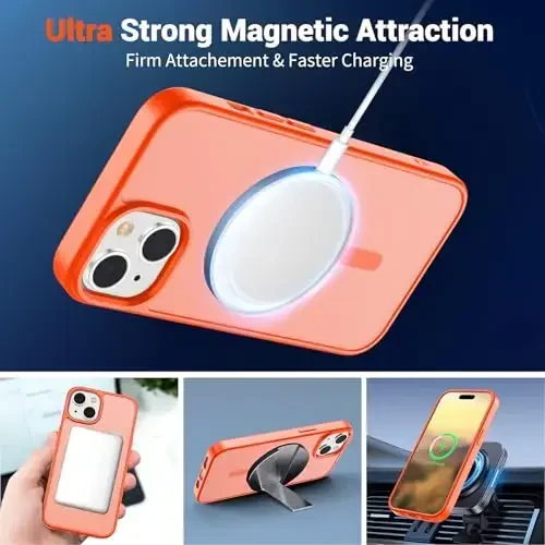 SUPFINE Magnetic for iPhone 15 Case (Compatible with MagSafe) (Military Grade Drop Protection) Slim Translucent Matte Shockproof with Anti-Fingerprint Phone Case, Orange - 7