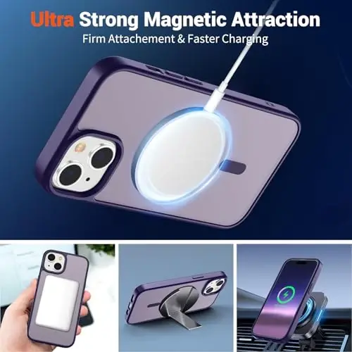 SUPFINE Magnetic for iPhone 15 Case (MagSafe bilan mos) (Harbiy darajadagi tushishdan himoya) Yupqa shaffof mat zarbga chidamli, barmoq izlariga qarshi telefon qutisi, to'q binafsha - 6