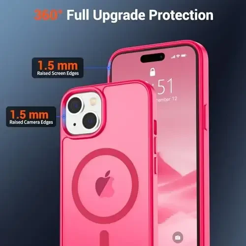 SUPFINE Magnetic for iPhone 15 Case (MagSafe bilan mos) (Harbiy darajadagi tushishdan himoya) Yupqa yarim shaffof mato zarbga chidamli barmoq izlariga qarshi telefon qutisi, Hot Pink - 6