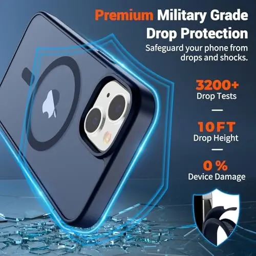 SUPFINE Magnetic for iPhone 15 Case with Screen Protector (Compatible with MagSafe) (Military Grade Drop Protection) Translucent Matte Shockproof Phone Cover,Dark Blue - 3
