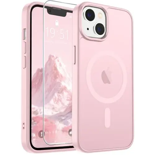 SUPFINE Magnetic for iPhone 15 Plus Case & iPhone 14 Plus Case with Screen Protector (Compatible with MagSafe)(Military Grade Drop Protection) Translucent Shockproof Phone Cover,Light Pink - 1