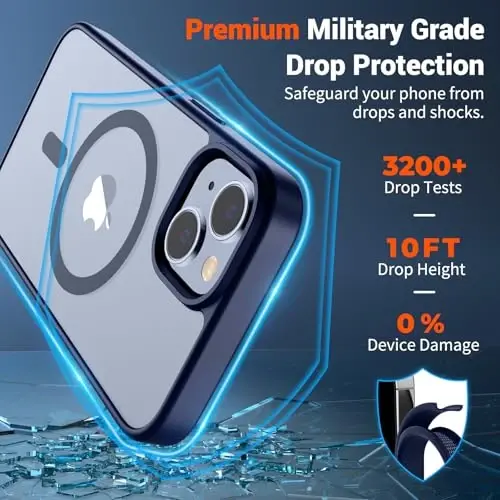 SUPFINE Magnetic for iPhone 15 Plus Case & iPhone 14 Plus Case(MagSafe bilan mos)(10 FT Harbiy Standartdagi Tushishdan Himoya) Yupqa Shaffof Zarba o'tkazmaydigan Telefon Qutisi,To'q ko'k - 3