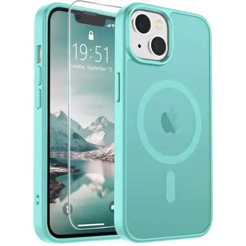 SUPFINE Magnetic for iPhone 15 Plus Case & iPhone 14 Plus Case(MagSafe bilan mos)(Harbiy darajadagi tushishdan himoya) Yupqa shaffof zarbga chidamli barmoq izlariga qarshi telefon qutisi, Moviy Yashil 