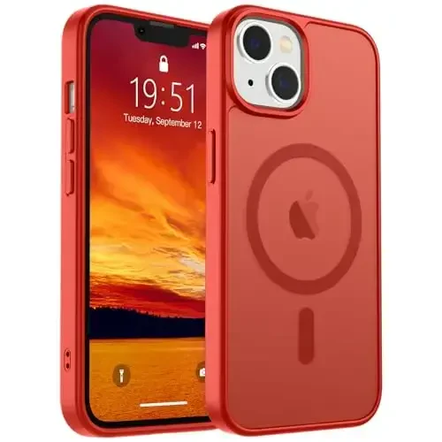 SUPFINE Magnetic for iPhone 15 Plus Case & iPhone 14 Plus Case(MagSafe bilan mos)(Harbiy darajadagi tushishdan himoya) Yupqa shaffof zarbga chidamli barmoq izlariga qarshi telefon qutisi, Qizil 