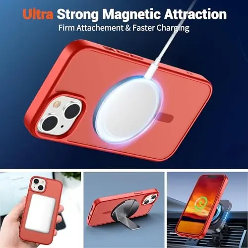 SUPFINE Magnetic for iPhone 15 Plus Case & iPhone 14 Plus Case(MagSafe bilan mos)(Harbiy darajadagi tushishdan himoya) Yupqa shaffof zarbga chidamli barmoq izlariga qarshi telefon qutisi, Qizil - 4