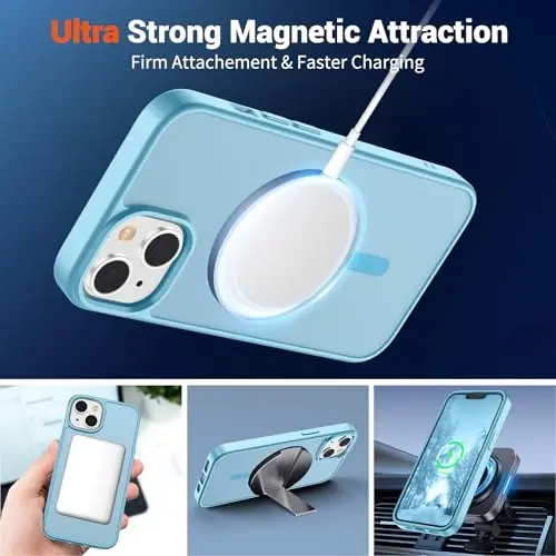 SUPFINE Magnetic for iPhone 15 Plus Case & iPhone 14 Plus Case(MagSafe bilan mos)(Harbiy darajadagi tushishdan himoya) Yupqa yarim shaffof zarbga chidamli telefon qutisi,Och ko'k - 5