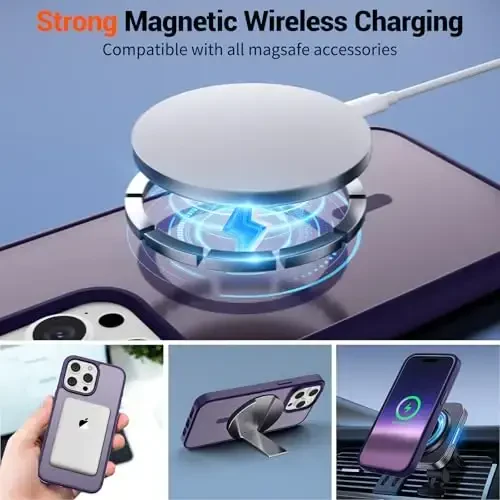 SUPFINE Magnetic for iPhone 15 Pro Case (MagSafe bilan mos) (Harbiy darajadagi tushishdan himoya) Yarim shaffof mat zarbga chidamli telefon qutisi, to'q binafsha - 3