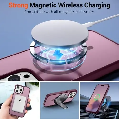 SUPFINE Magnetic for iPhone 15 Pro Case (MagSafe bilan mos) (Harbiy darajadagi tushishdan himoya) Yarim shaffof matli zarbga chidamli telefon qutisi, vino qizil - 3