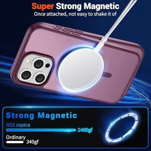 SUPFINE Magnetic for iPhone 15 Pro Case (MagSafe bilan mos) (Harbiy darajadagi tushishdan himoya) Yarim shaffof matli zarbga chidamli telefon qutisi, vino qizil - 5