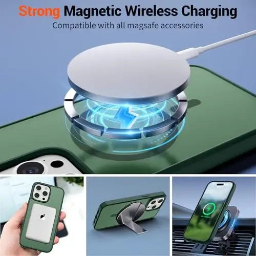 SUPFINE Magnetic for iPhone 15 Pro Case (MagSafe bilan mos) (Harbiy darajadagi tushishdan himoya) Yassi shaffof mat zarbaga chidamli barmoq izlariga qarshi telefon qutisi, oʻrmon yashili - 5