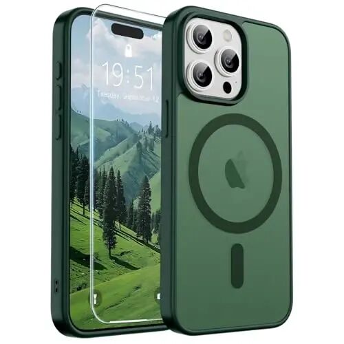 SUPFINE Magnetic for iPhone 15 Pro Case (MagSafe bilan mos) (Harbiy darajadagi tushishdan himoya) Yassi shaffof mat zarbaga chidamli barmoq izlariga qarshi telefon qutisi, oʻrmon yashili 