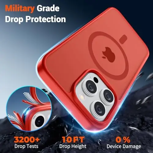 SUPFINE Magnetic for iPhone 15 Pro Case (MagSafe bilan mos) (Harbiy darajadagi tushishdan himoya) Yupqa shaffof mat zarba o'tkazmaydigan barmoq izlariga qarshi telefon qutisi, qizil - 4