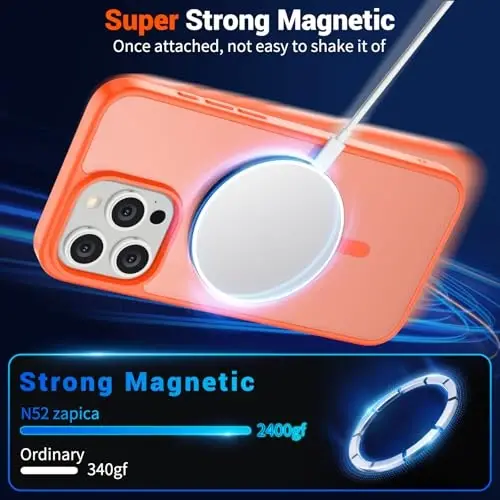 SUPFINE Magnetic for iPhone 15 Pro Case (MagSafe bilan mos) (Harbiy darajadagi tushishdan himoya) Yupqa shaffof mat zarbga chidamli barmoq izlariga qarshi telefon g'ilofi, apelsin - 3