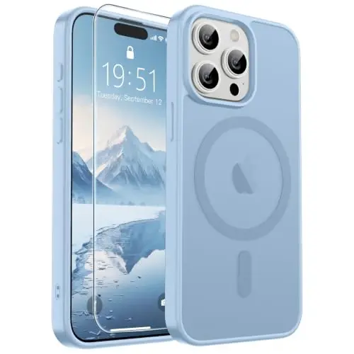SUPFINE Magnetic for iPhone 15 Pro Max Case Glacier Blue | With Screen Protector, Translucent Matte, Compatible with MagSafe, Military Grade Drop Proof, Rugged Shockproof Protective - 1