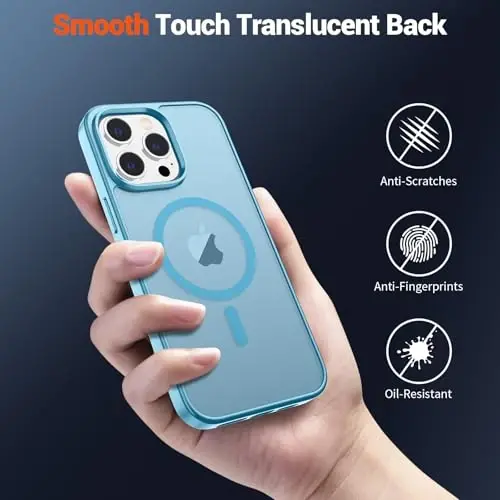 SUPFINE Magnetic for iPhone 15 Pro Max Case (MagSafe bilan mos) (Harbiy darajadagi tushishdan himoya) Yupqa yarim shaffof mato zarbga chidamli barmoq izlariga qarshi telefon g'ilofi, och ko'k - 6