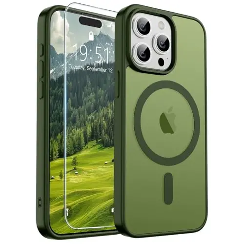 SUPFINE Magnetic for iPhone 15 Pro Max Case (MagSafe bilan mos) (Harbiy darajadagi tushishdan himoya) Yupqa yarim shaffof mato zarbga chidamli barmoq izlariga qarshi telefon qutisi, Canglindagi yashil - 6