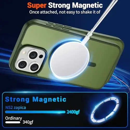 SUPFINE Magnetic for iPhone 15 Pro Max Case (MagSafe bilan mos) (Harbiy darajadagi tushishdan himoya) Yupqa yarim shaffof mato zarbga chidamli barmoq izlariga qarshi telefon qutisi, Canglindagi yashil - 5