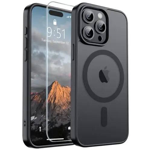 SUPFINE Magnetic for iPhone 15 Pro Max Case (MagSafe bilan mos keladi) (Harbiy darajadagi tushishdan himoya) Yarim shaffof mat zarbga chidamli telefon qopqog'i, qora 