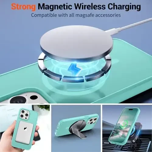 SUPFINE Magnetic for iPhone 15 Pro Max Case (MagSafe bilan mos keladi) (Harbiy darajadagi tushishdan himoya) Yupqa yarim shaffof mat zarbga chidamli barmoq izlariga qarshi telefon g‘ilofi, ko‘k yashil - 3