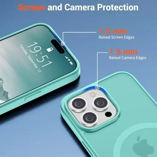 SUPFINE Magnetic for iPhone 15 Pro Max Case (MagSafe bilan mos keladi) (Harbiy darajadagi tushishdan himoya) Yupqa yarim shaffof mat zarbga chidamli barmoq izlariga qarshi telefon g‘ilofi, ko‘k yashil - 4