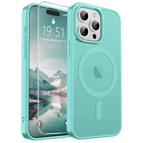 SUPFINE Magnetic for iPhone 15 Pro Max Case (MagSafe bilan mos keladi) (Harbiy darajadagi tushishdan himoya) Yupqa yarim shaffof mat zarbga chidamli barmoq izlariga qarshi telefon g‘ilofi, ko‘k yashil 