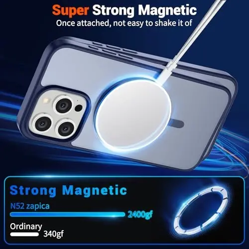 SUPFINE Magnetic for iPhone 15 Pro Max Case (MagSafe bilan mos keladi) (Harbiy darajadagi tushishdan himoya) Yupqa yarim shaffof mato, barmoq izlariga qarshi telefon qutisi, to'q ko'k - 5