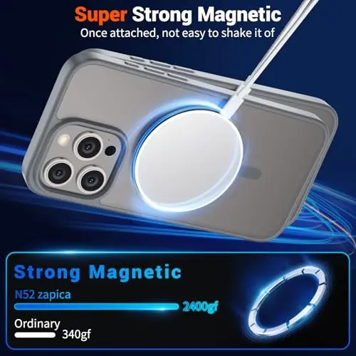 SUPFINE Magnetic for iPhone 15 Pro Max Case (MagSafe bilan mos keladi) (Harbiy darajadagi tushishdan himoya) Yupqa yarim shaffof mato zarbga chidamli barmoq izlariga qarshi telefon qutisi, kulrang - 4