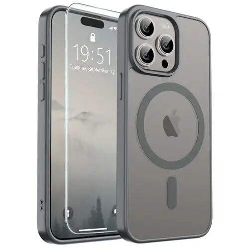 SUPFINE Magnetic for iPhone 15 Pro Max Case (MagSafe bilan mos keladi) (Harbiy darajadagi tushishdan himoya) Yupqa yarim shaffof mato zarbga chidamli barmoq izlariga qarshi telefon qutisi, kulrang 