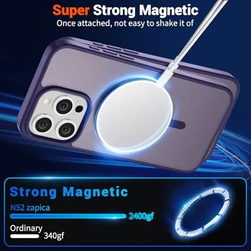SUPFINE Magnetic for iPhone 15 Pro Max Case (MagSafe bilan mos keladi) (Harbiy darajadagi tushishdan himoya) Yupqa yarim shaffof mato zarbga chidamli barmoq izlariga qarshi telefon qutisi, to'q binafsha - 5