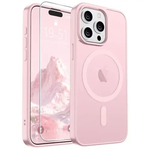 SUPFINE Magnetic for iPhone 15 Pro Max Case Light Pink | With Screen Protector, Translucent Matte, Compatible with MagSafe, Military Grade Drop Proof, Rugged Shockproof Protective 